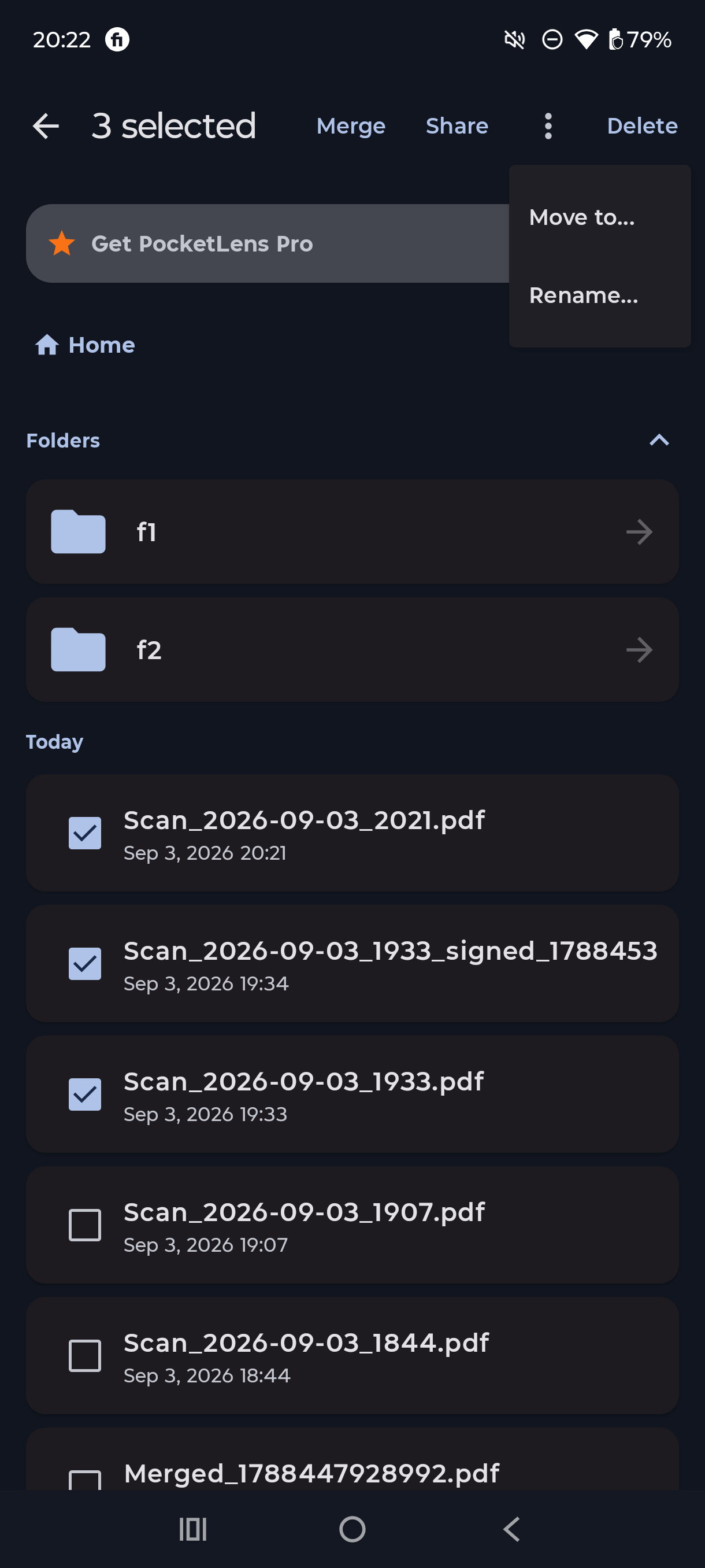 Bulk actions in PocketLens — merge, share, move, or rename multiple scans at once
