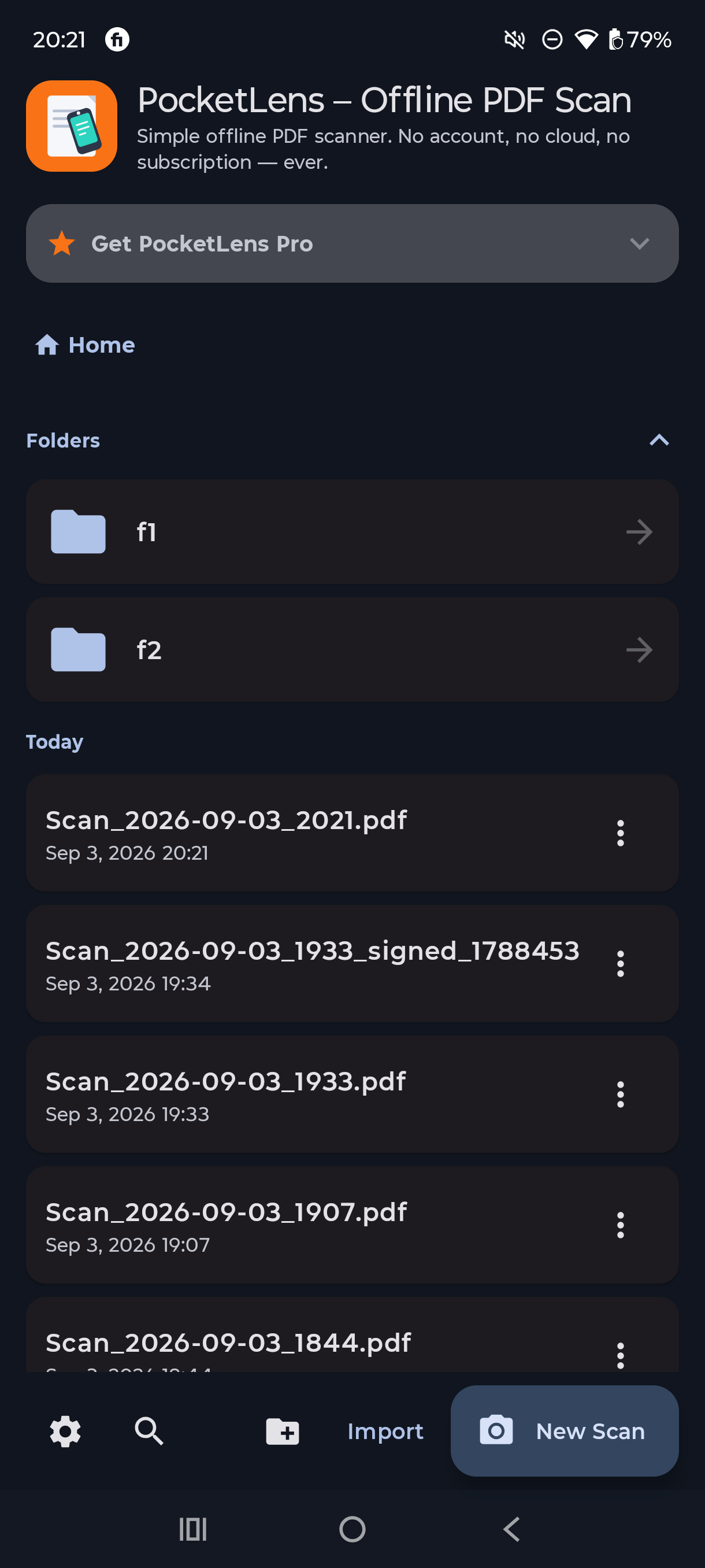 PocketLens home screen showing scanned PDFs organized into folders — no account required